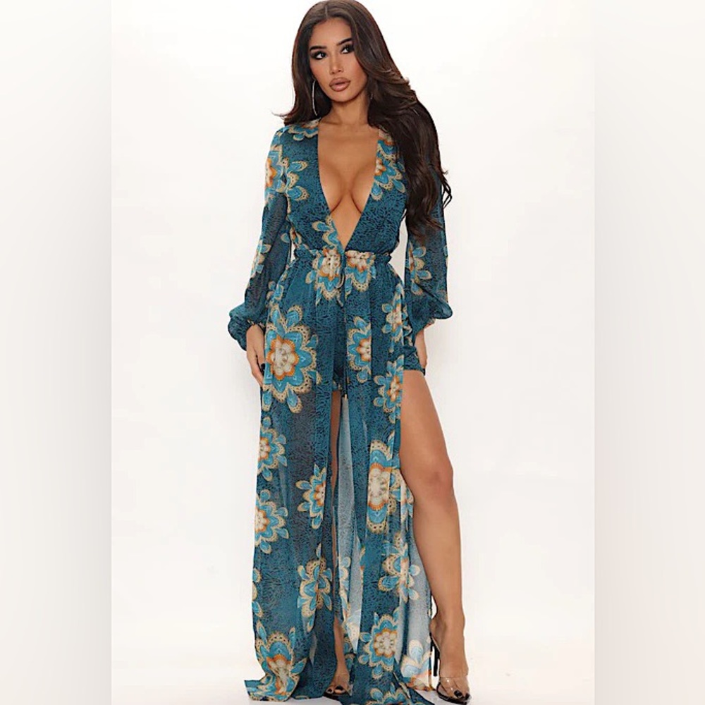 Teal/Gold Maxi Romper with Floral Pattern